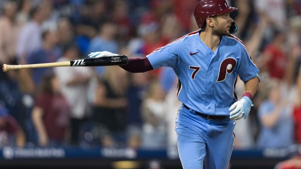 Aug 10, 2023; Philadelphia, Pennsylvania, USA; Philadelphia Phillies shortstop Trea Turner (7) tosses his bat after hitting a two RBI home run during the sixth inning against the Washington Nationals at Citizens Bank Park. Mandatory Credit: Bill Streicher-USA TODAY Sports